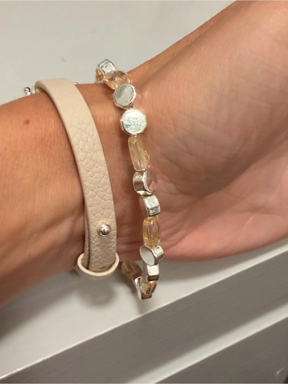 Beige Leather Bracelet with Iridescent Bead Stack - BP NWOT!